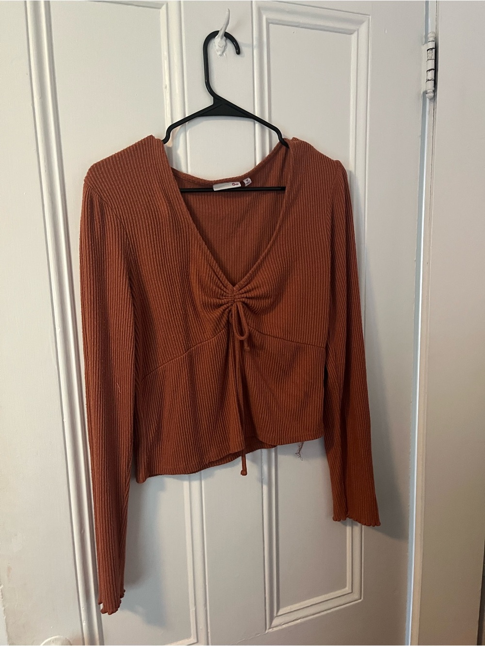 Tie Front Lettuce Trim Rust Orange Long sleeve top